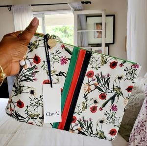 CLARE V. Green Red Black Leather Floral Zippered Clutch